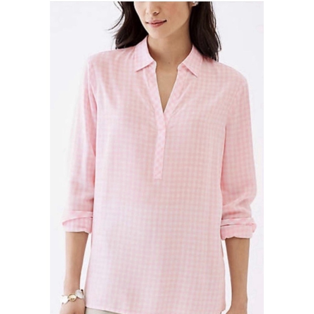 J. Jill Top Womens Small Pink Gingham Check Popover Spring Preppy Cottagecore
